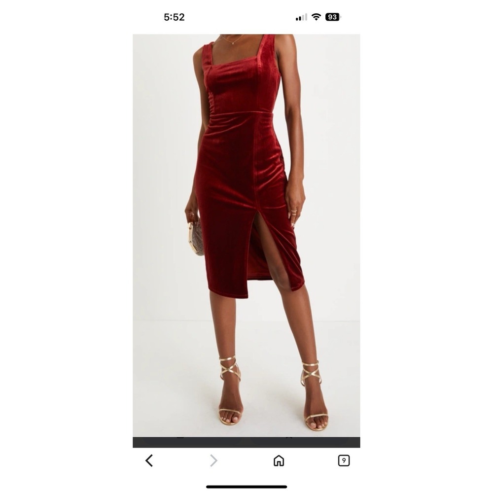 Lulus Baby You're The One Rust Red Velvet Bodycon Midi Dress Side Slit Size S